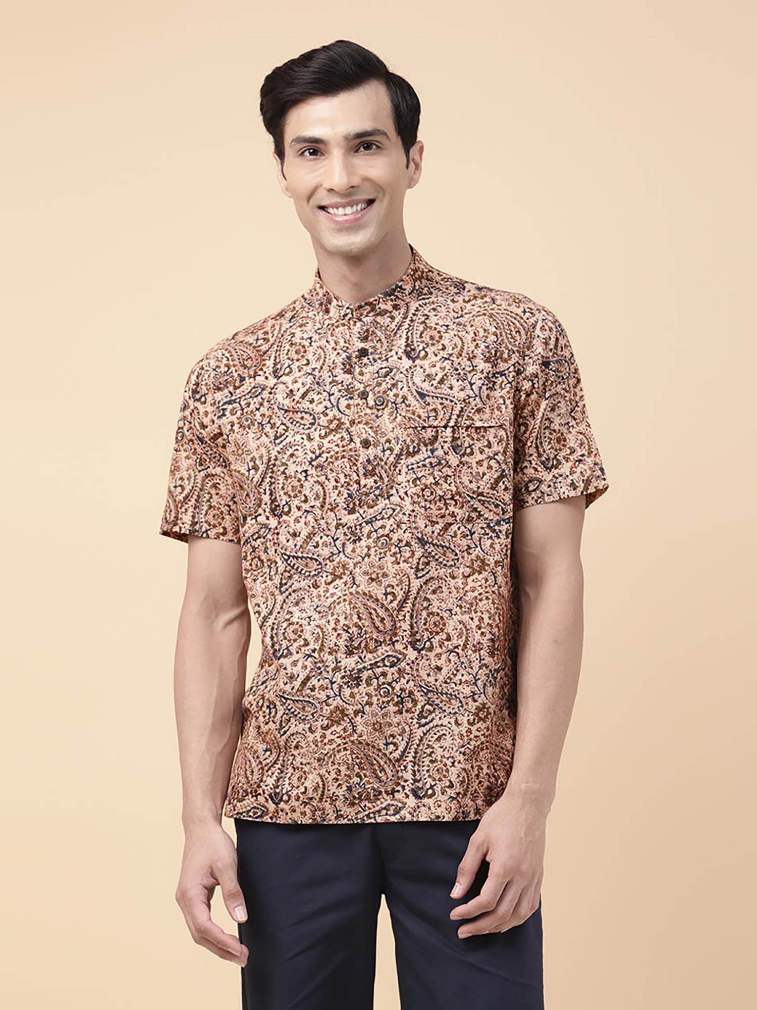 beige cotton kalamkari printed mid placket shirt