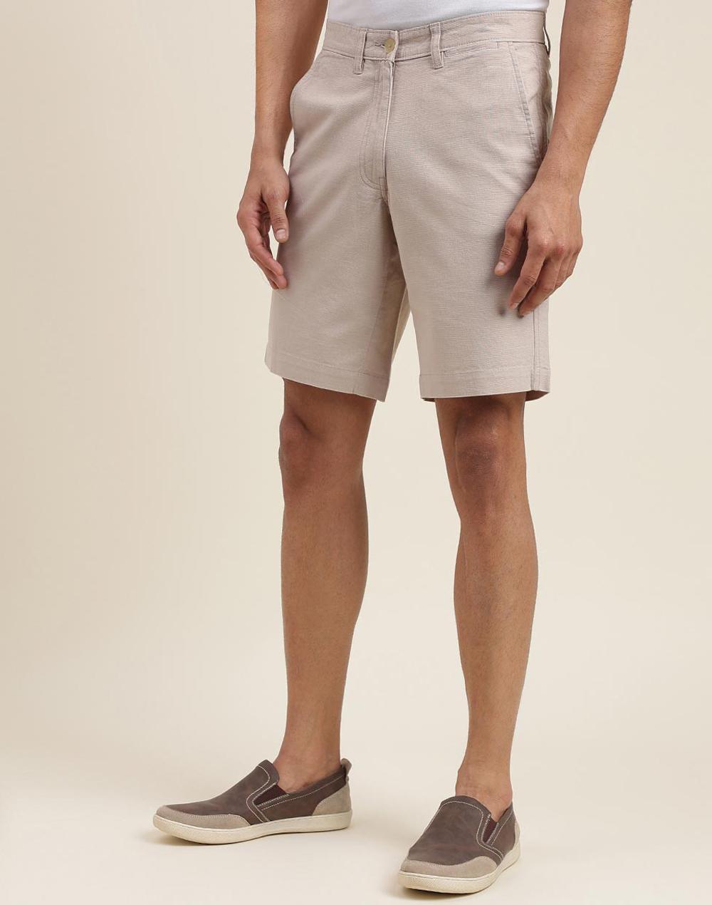 beige cotton knee length regular shorts