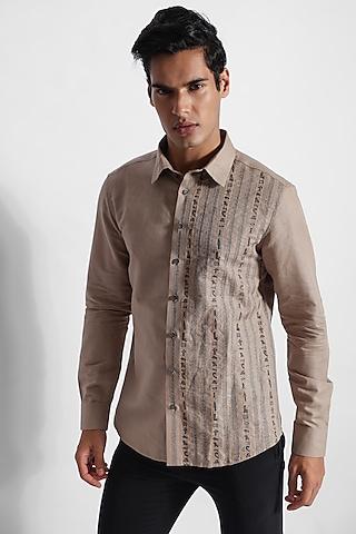 beige cotton linen embroidered shirt