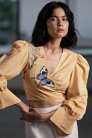 beige cotton linen embroidered wrap around blouse
