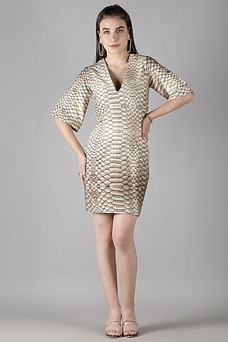 beige cotton lycra snake printed handcrafted dress