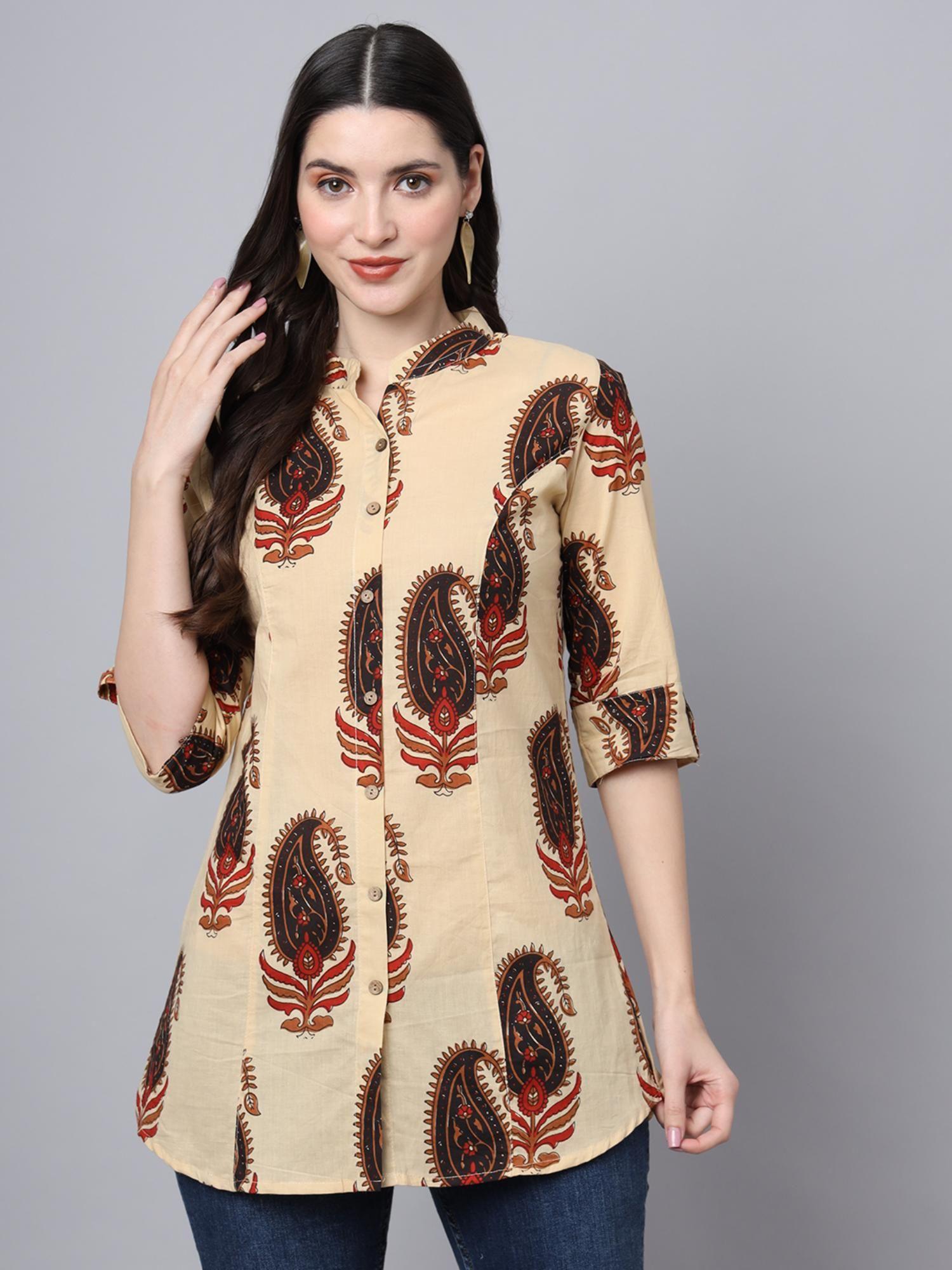 beige cotton paisley print shirt style top