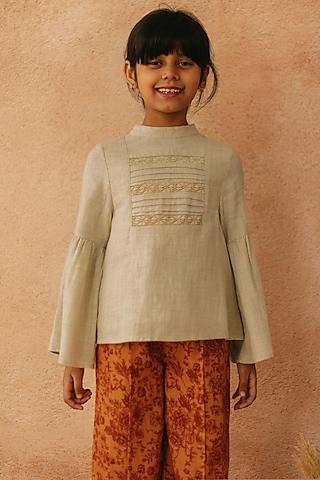beige cotton polyester embroidered top for girls