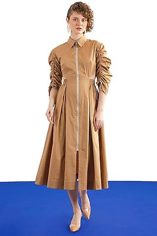 beige cotton poplin midi shirt dress