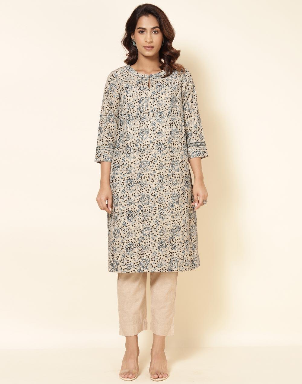 beige cotton printed  knee length kurta