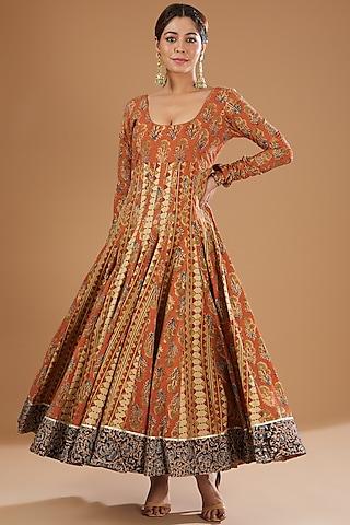 beige cotton printed anarkali set