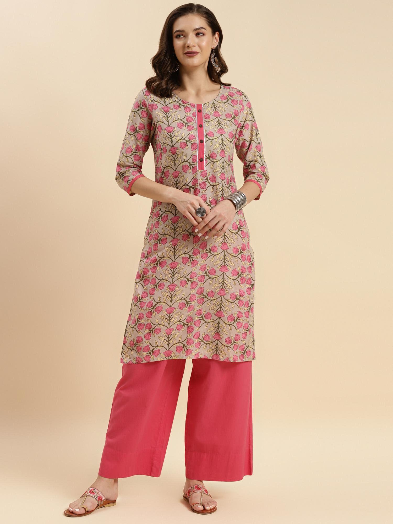 beige cotton printed knee length straight kurta