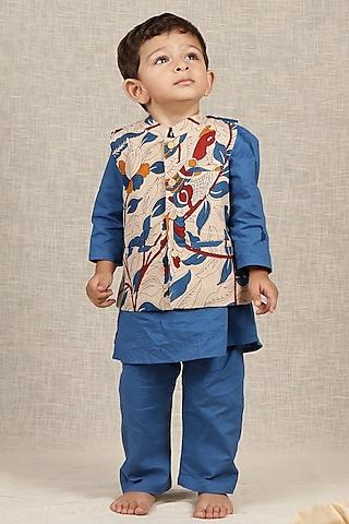beige cotton printed nehru jacket with kurta set for boys