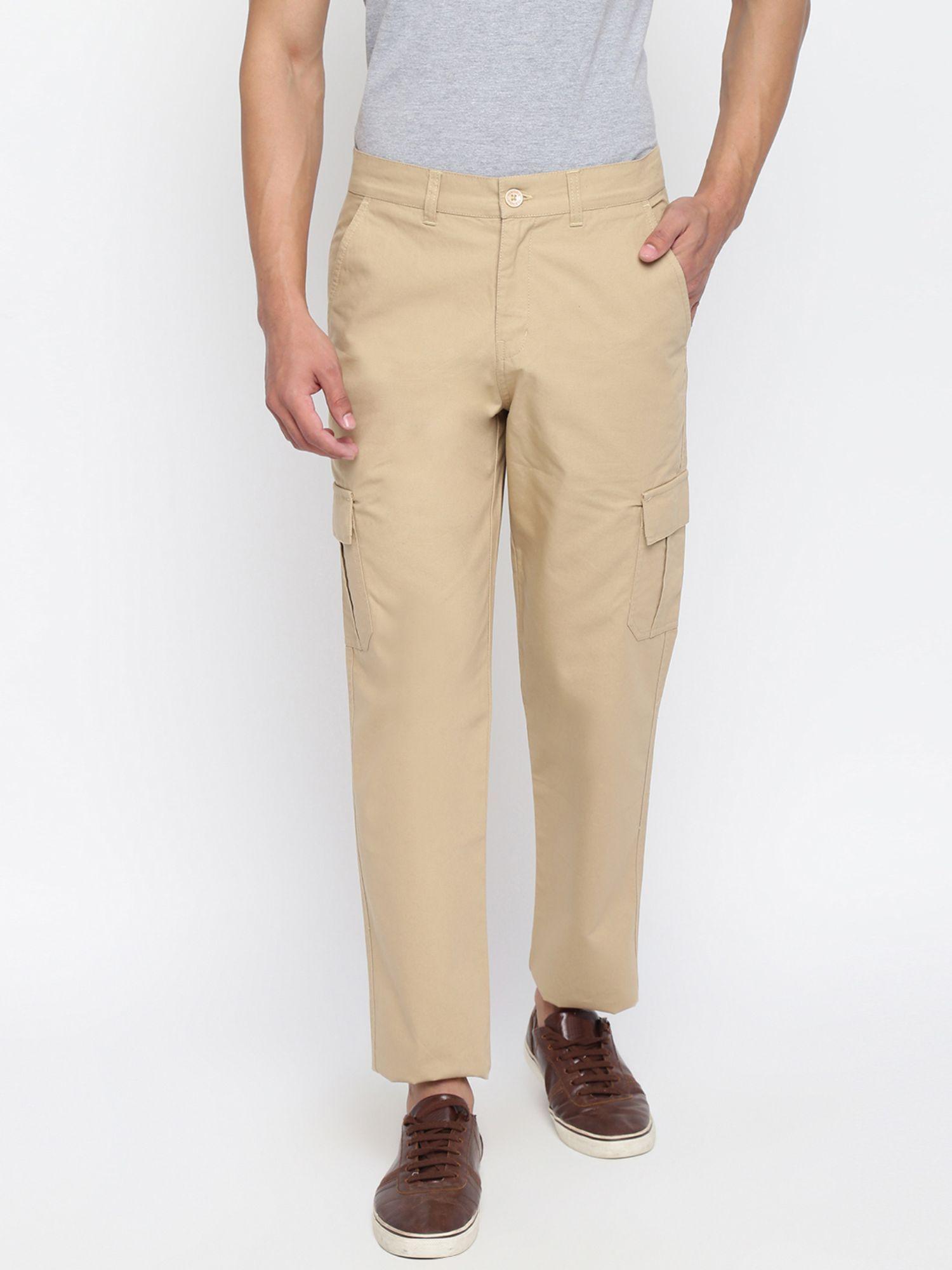 beige cotton regular fit regular cargo pants