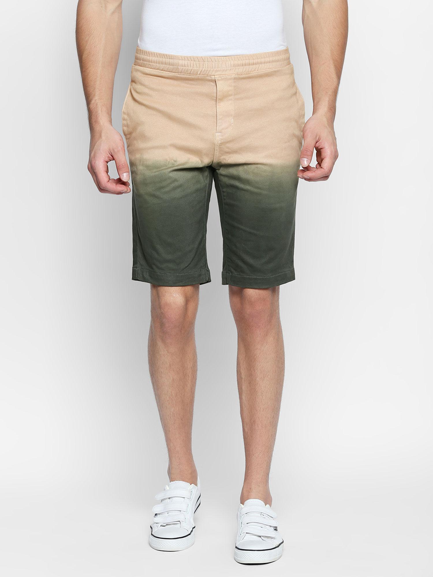beige cotton regular fit shorts for men