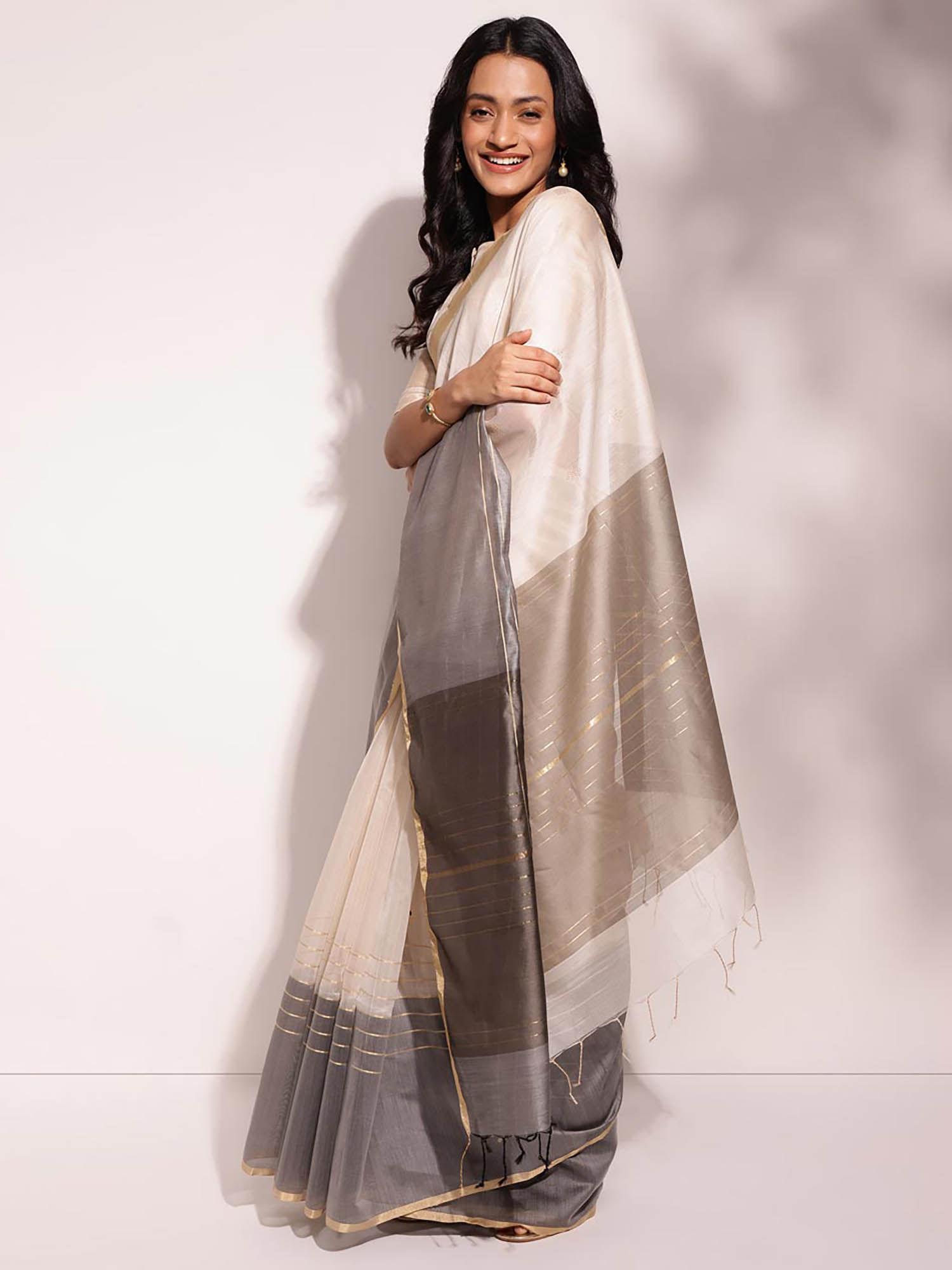 beige cotton silk blend woven saree