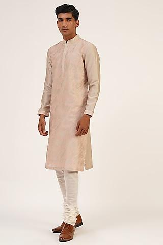 beige cotton silk chanderi thread embroidered kurta set