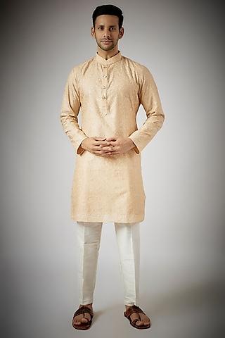 beige cotton silk chikankari embroidered kurta set