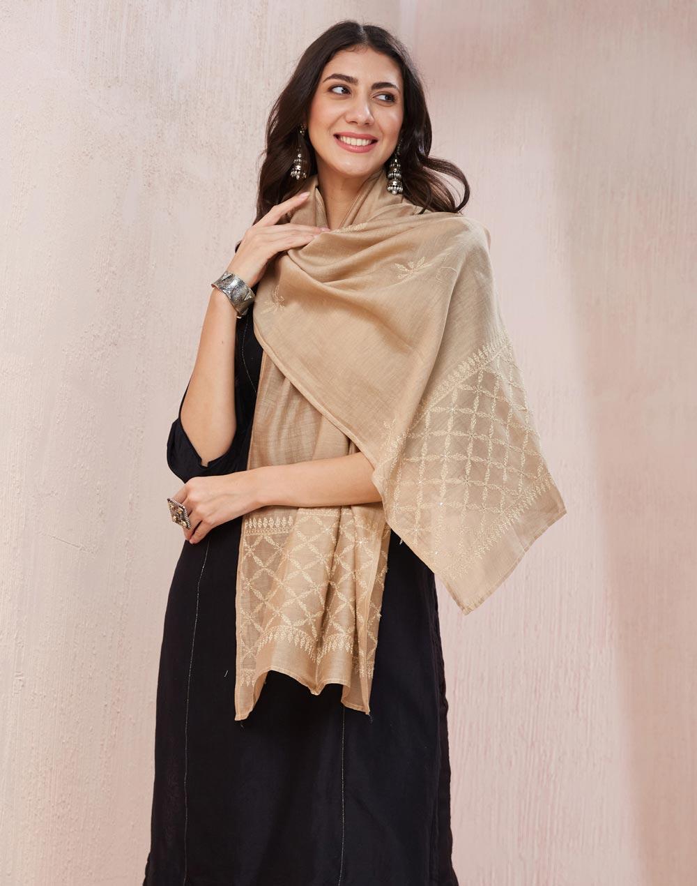 beige cotton silk chikankari stole