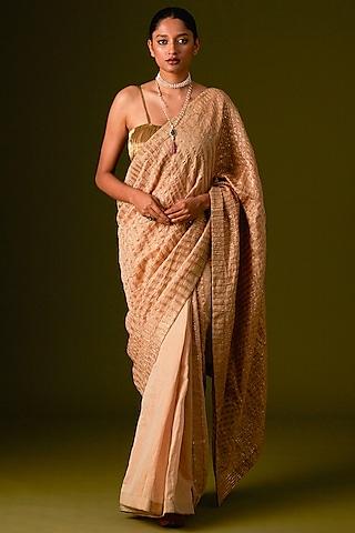 beige cotton silk embellished saree set