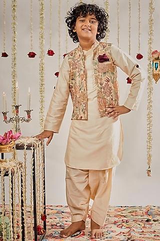 beige cotton silk embroidered bundi jacket with kurta set for boys
