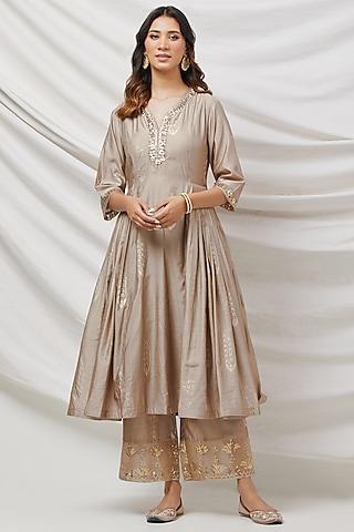 beige cotton silk embroidered kurta set