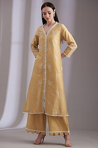 beige cotton silk embroidered kurta set