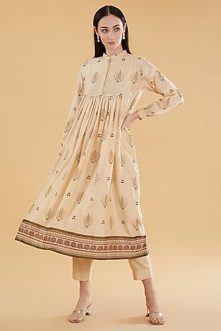 beige cotton silk floral printed kurta set