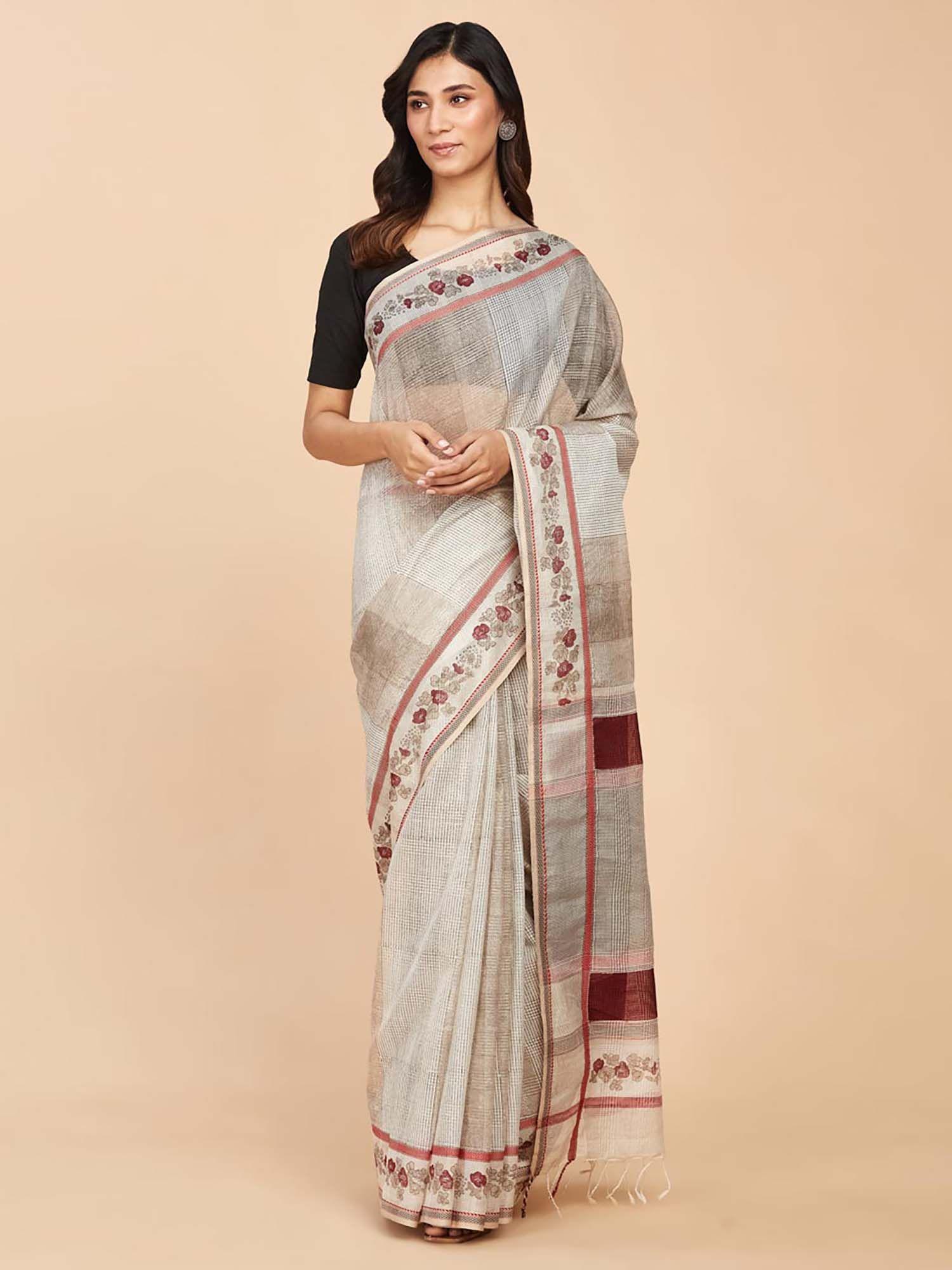 beige cotton silk hand block printed saree without blouse