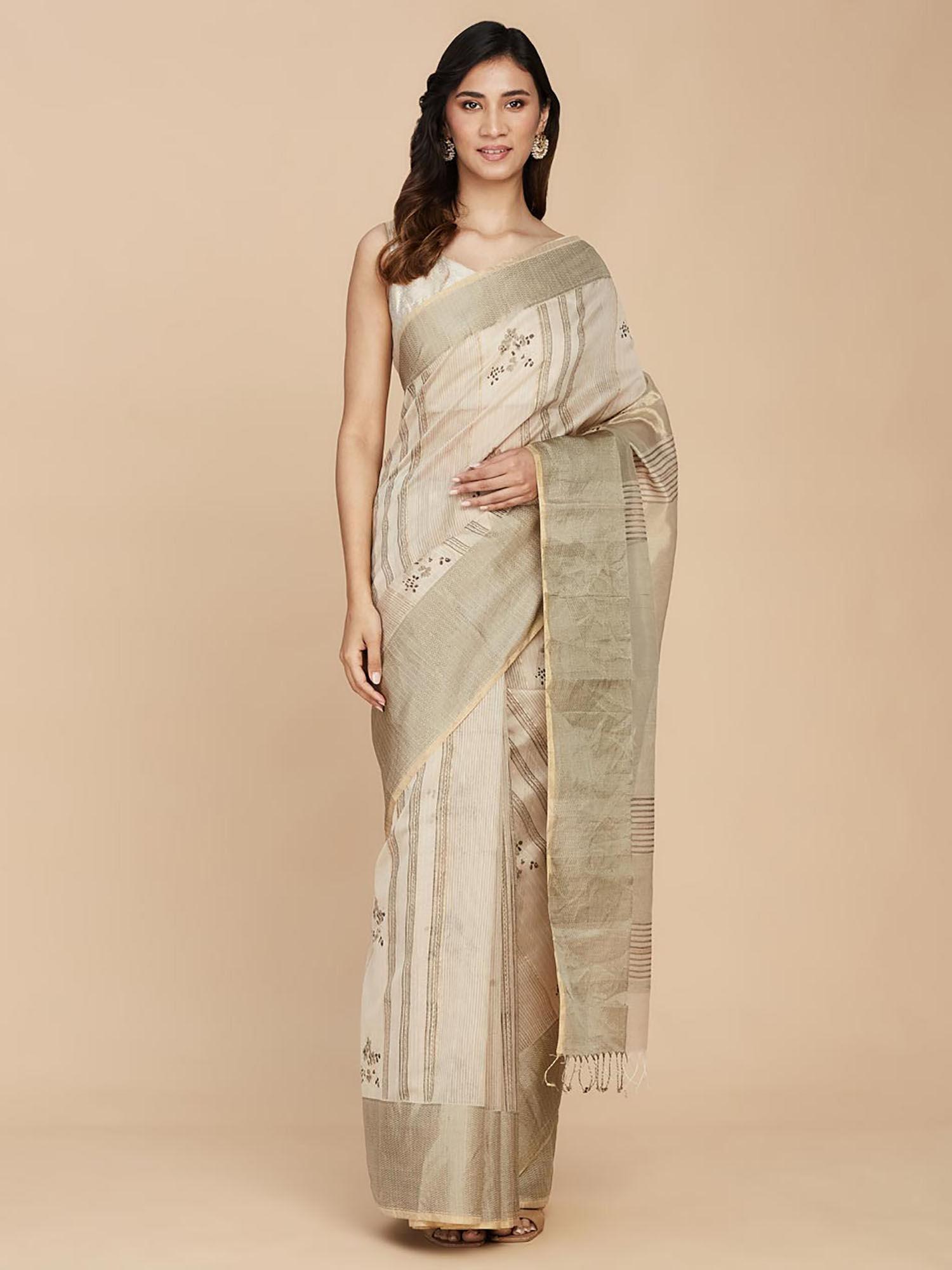 beige cotton silk hand block printed saree