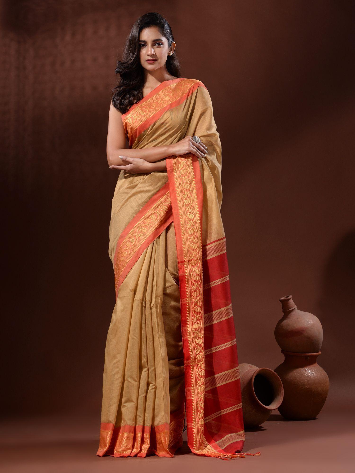 beige cotton silk handwoven saree with nakshi borders with unstitched blouse