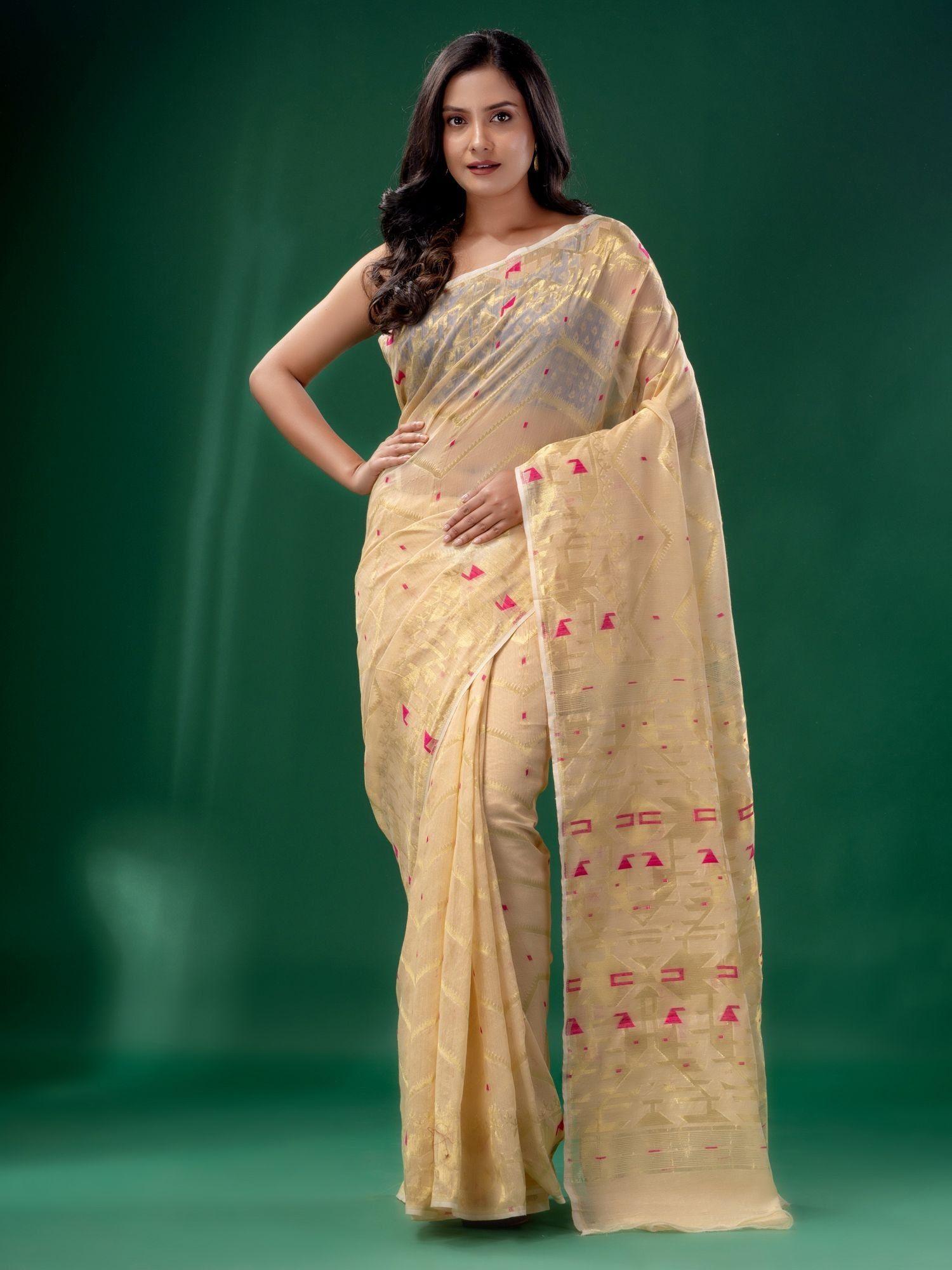 beige cotton silk handwoven soft jamdani saree without blouse