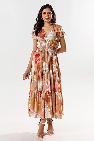 beige cotton silk printed maxi tiered dress