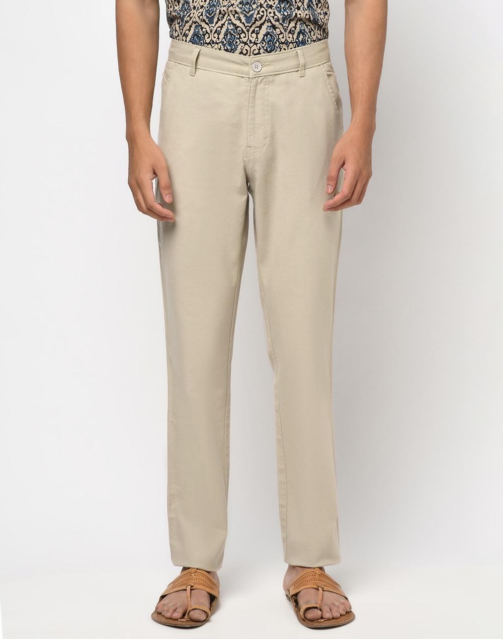 beige cotton slim fit regular pants