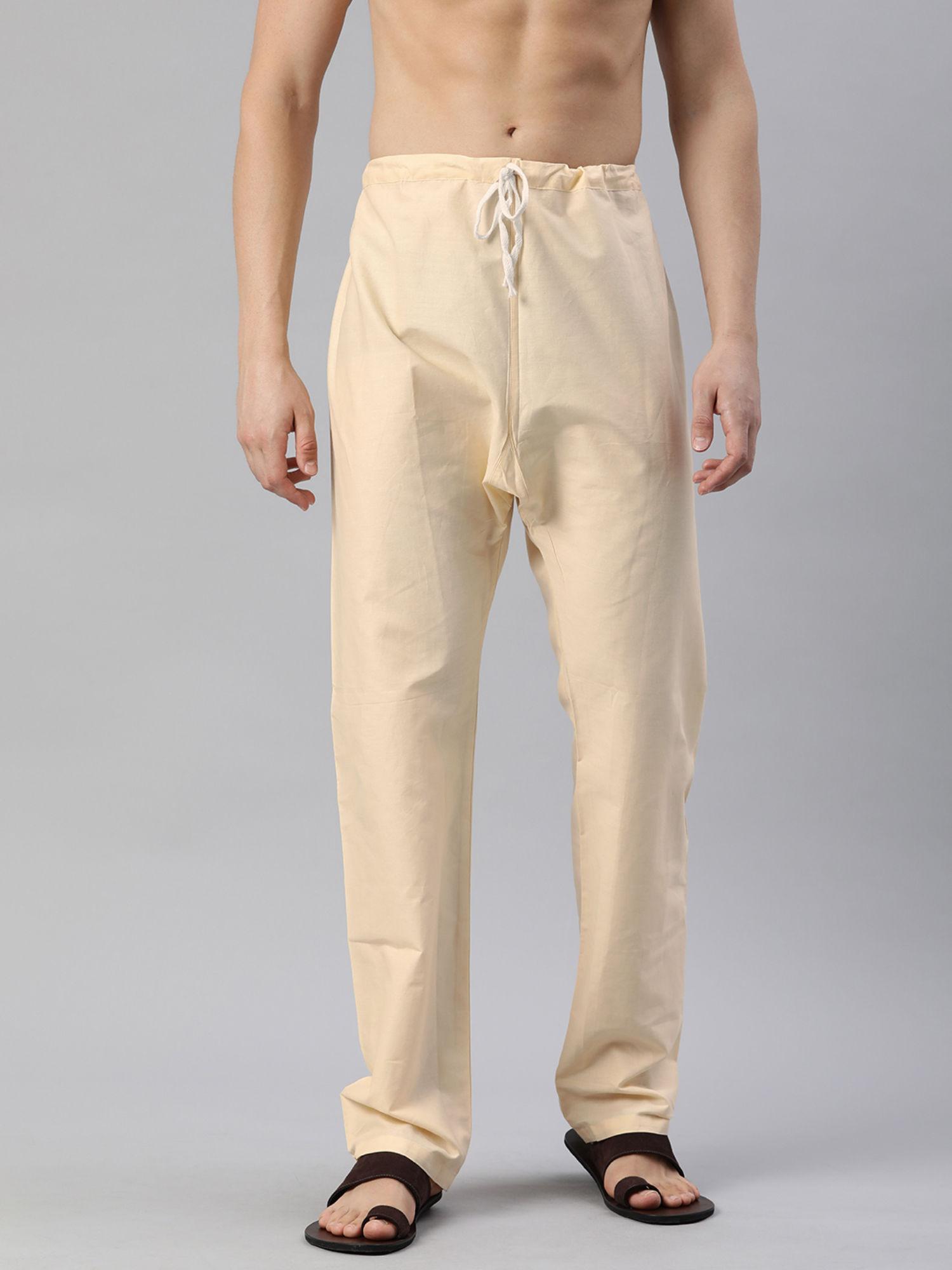 beige cotton solid pyjama for men