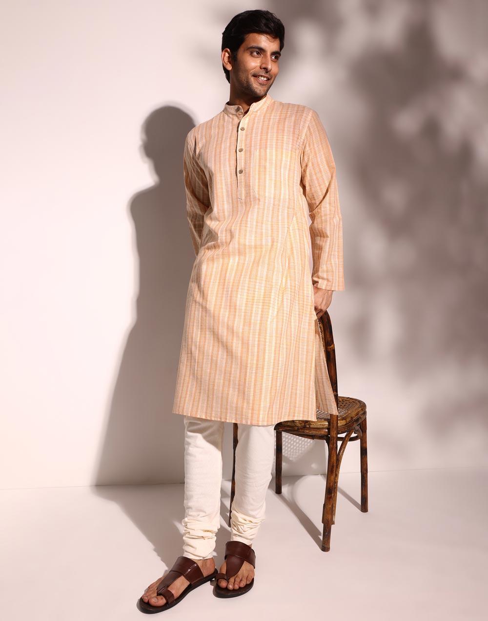 beige cotton striped long kurta