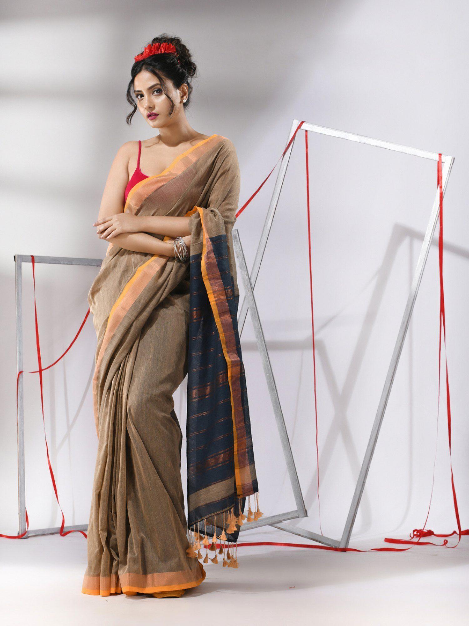 beige cotton stripes zari pallu saree with unstitched blouse