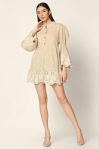 beige cotton thread embroidered dress