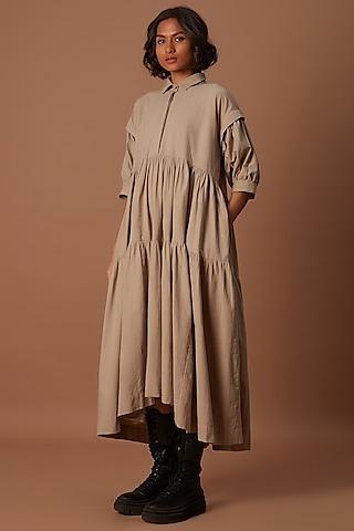 beige cotton tiered shirt dress