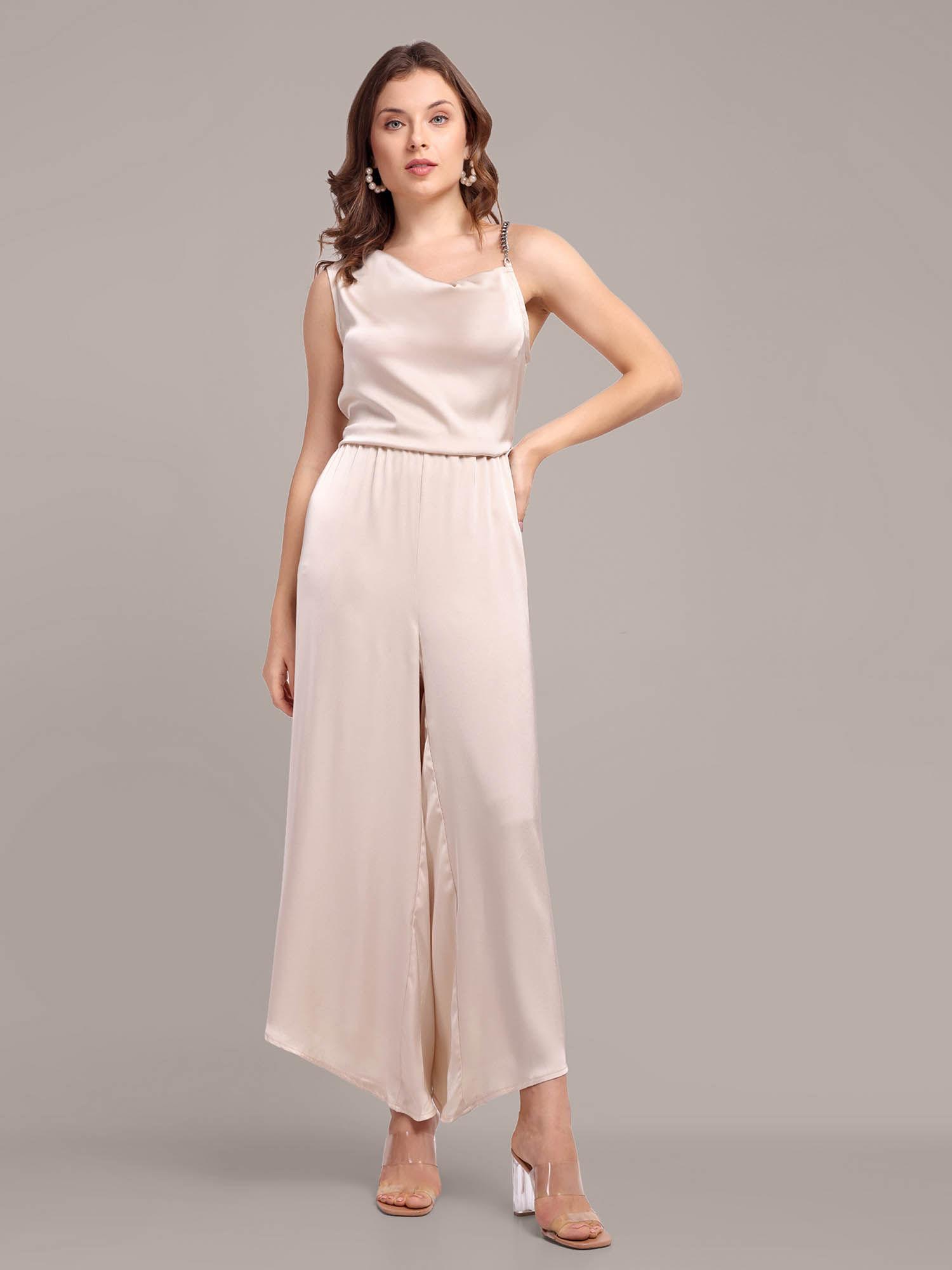 beige cowl neck wide leg jumpsuit