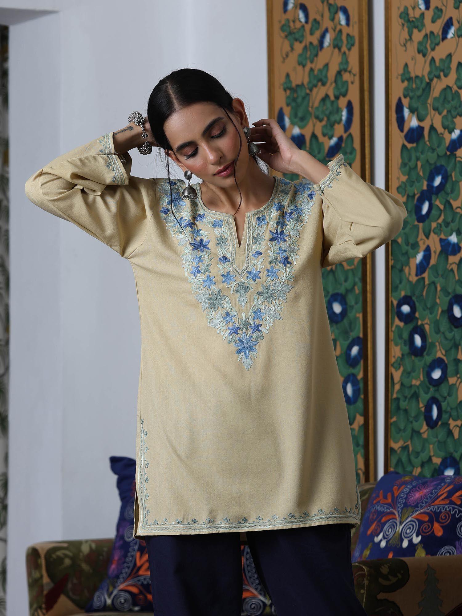 beige crafts aari embroidered kurti