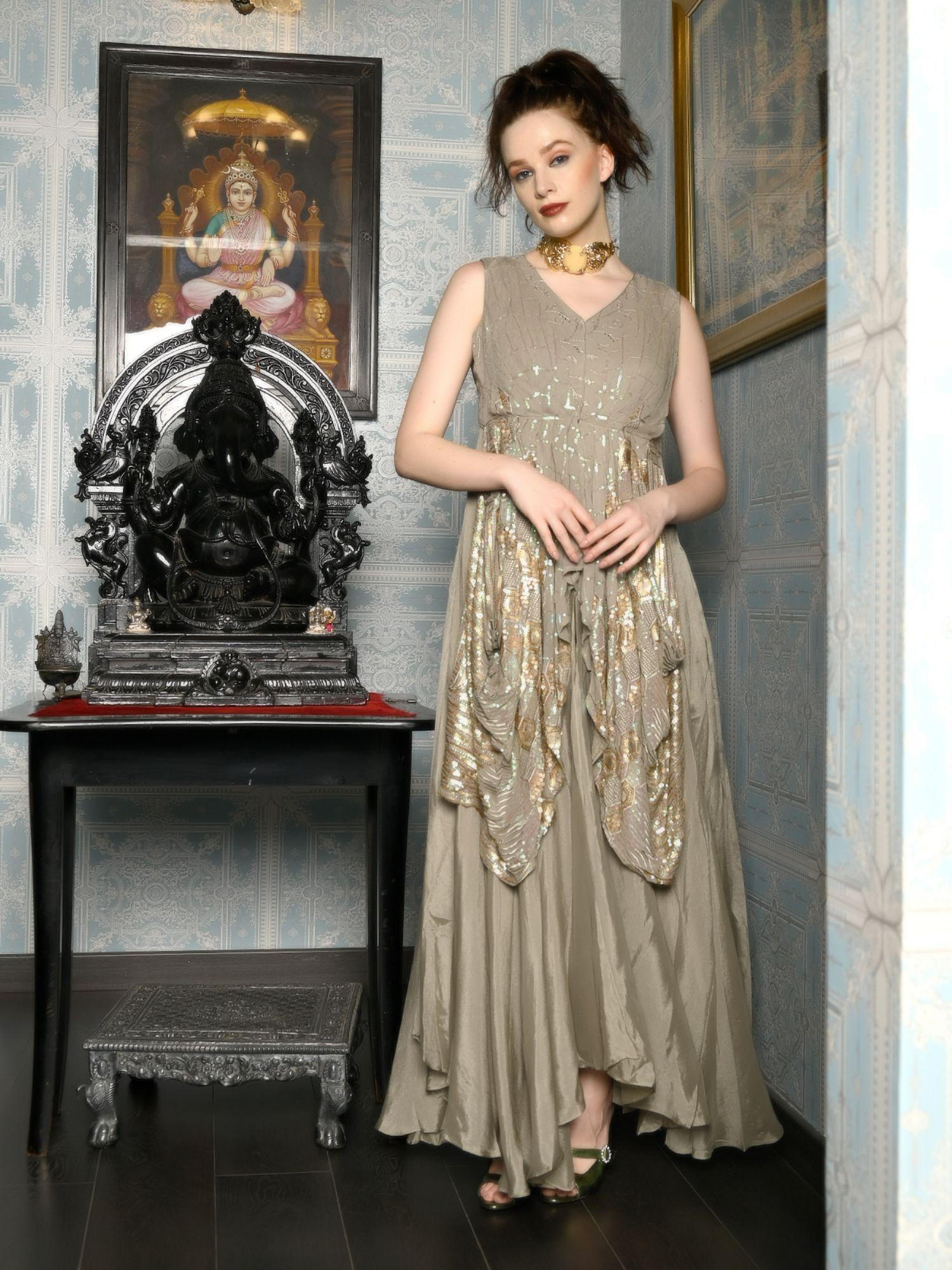 beige crepe designer stitched indo western dress