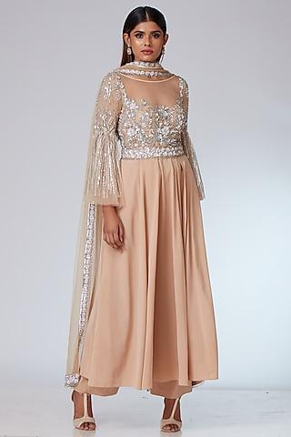 beige crepe embellished anarkali set