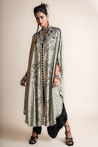 beige crepe printed & embroidered cape set