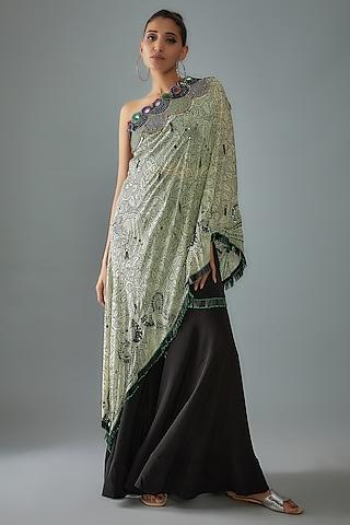 beige crepe printed & hand embroidered one-shoulder cape set