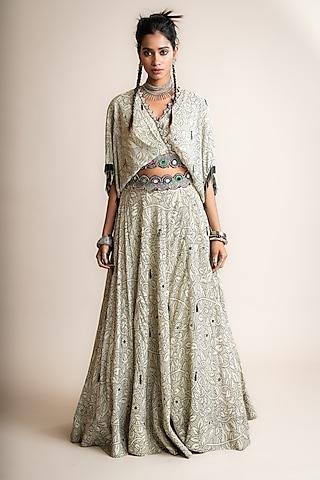 beige crepe printed lehenga set