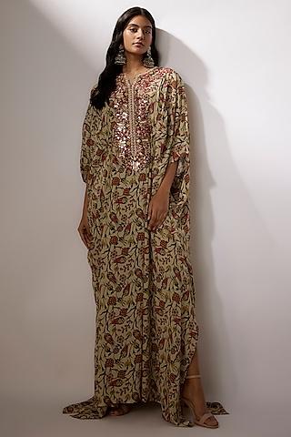 beige crepe zardosi embroidered & printed kaftan