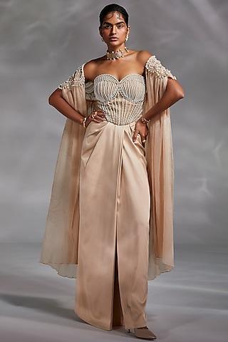 beige crushed organza hand embroidered cape set