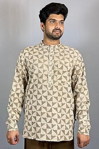 beige dabu printed short kurta