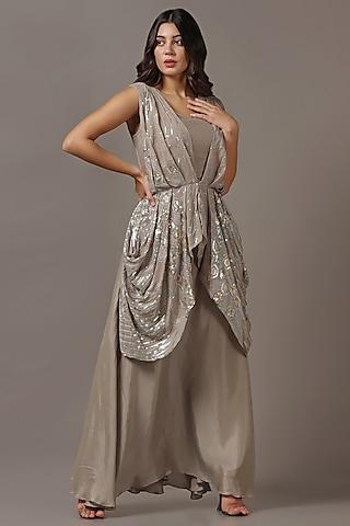 beige diamond chiffon sequins draped gown