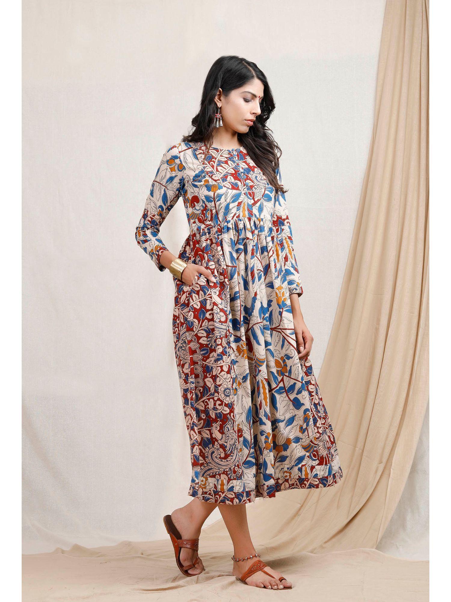 beige dual print kalamkari dress