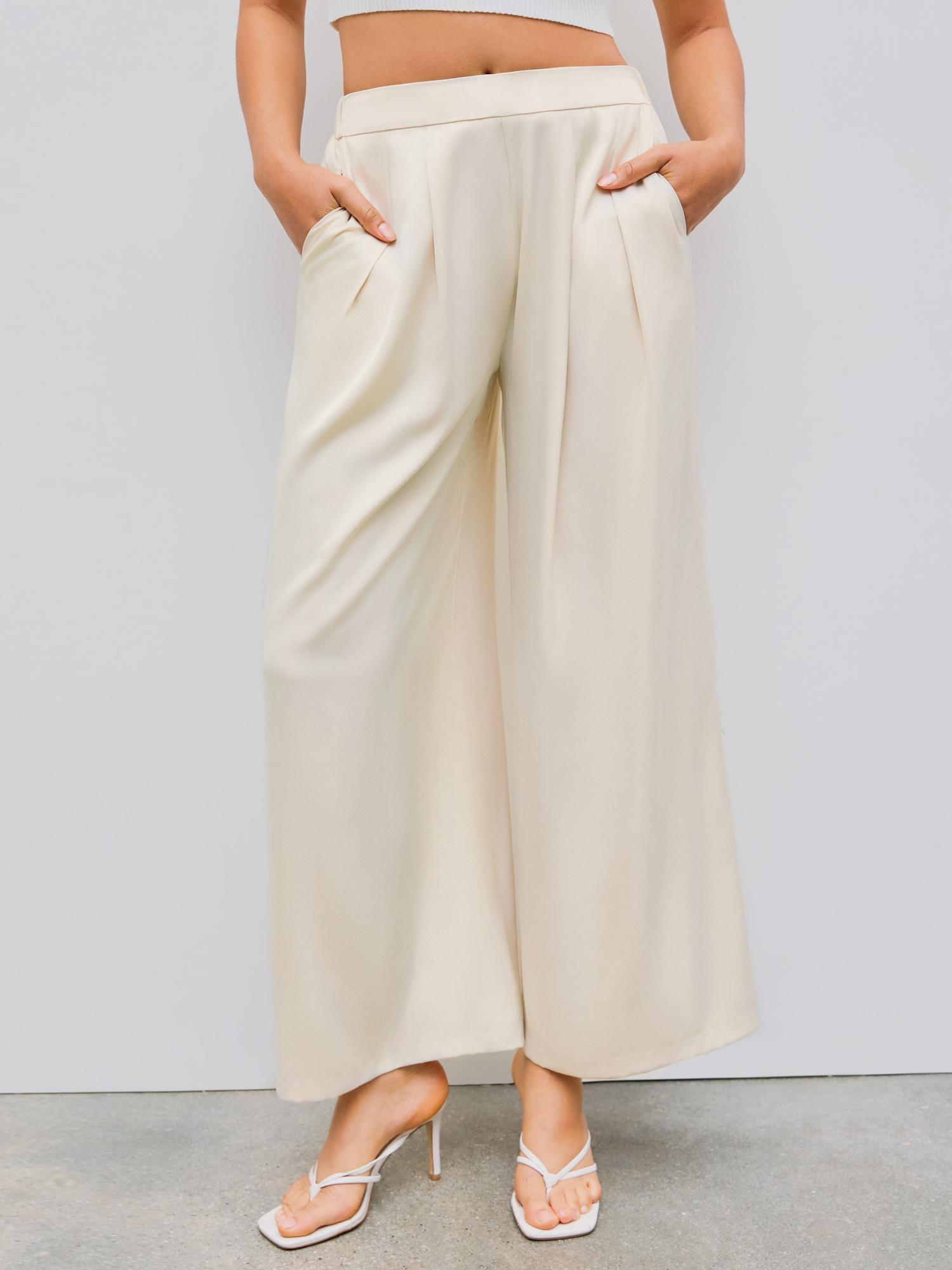 beige elastic waist solid pleated wide leg trouser