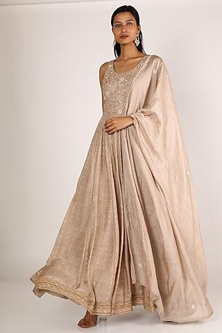 beige embellished anarkali set