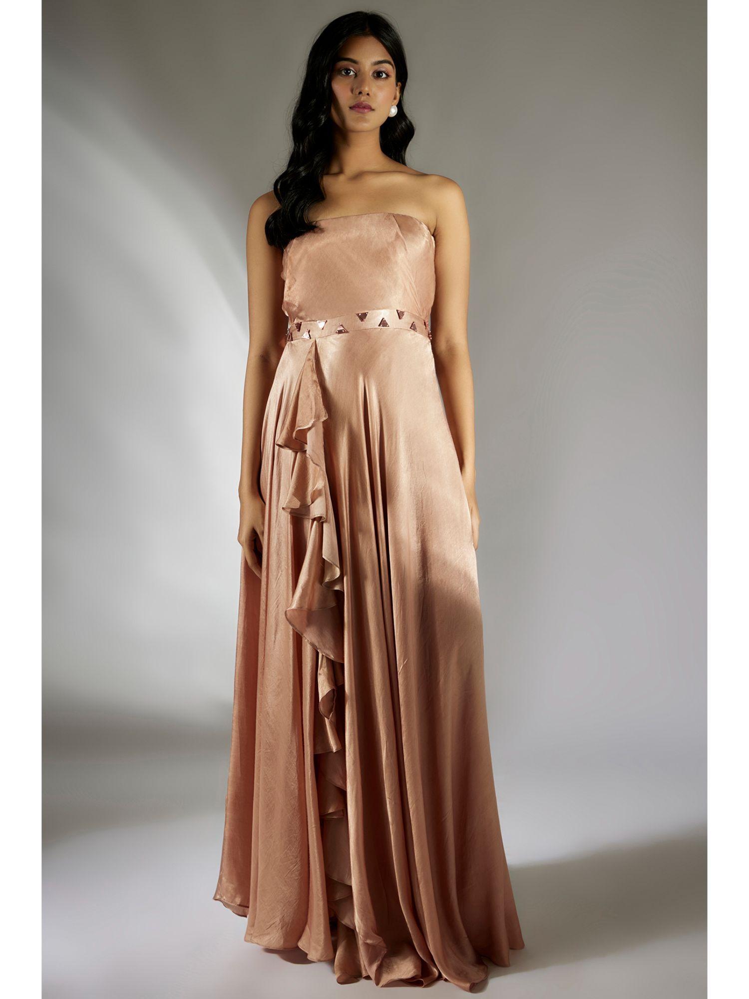 beige embellished drape dress