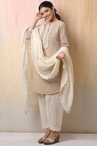 beige embellished kurta set